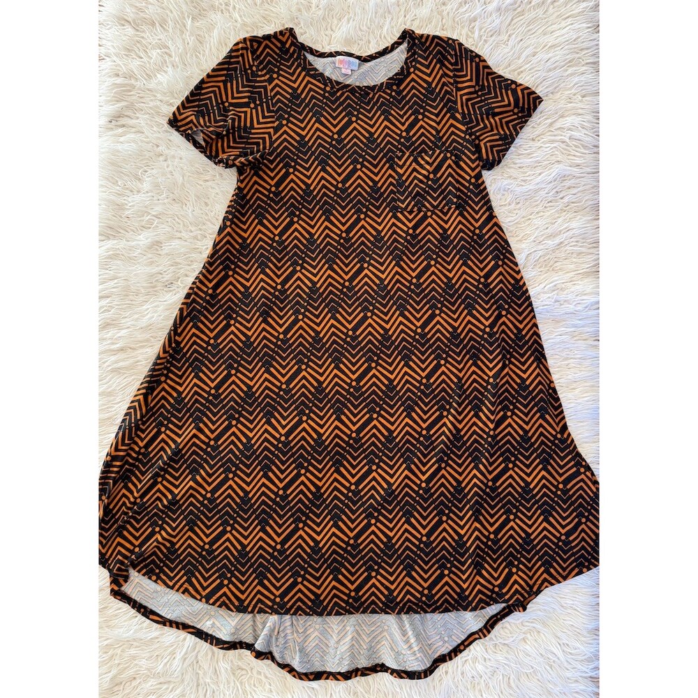 LuLaRoe Carly Dress Womens S Black Orange Chevron Halloween Hi-Low Pocket